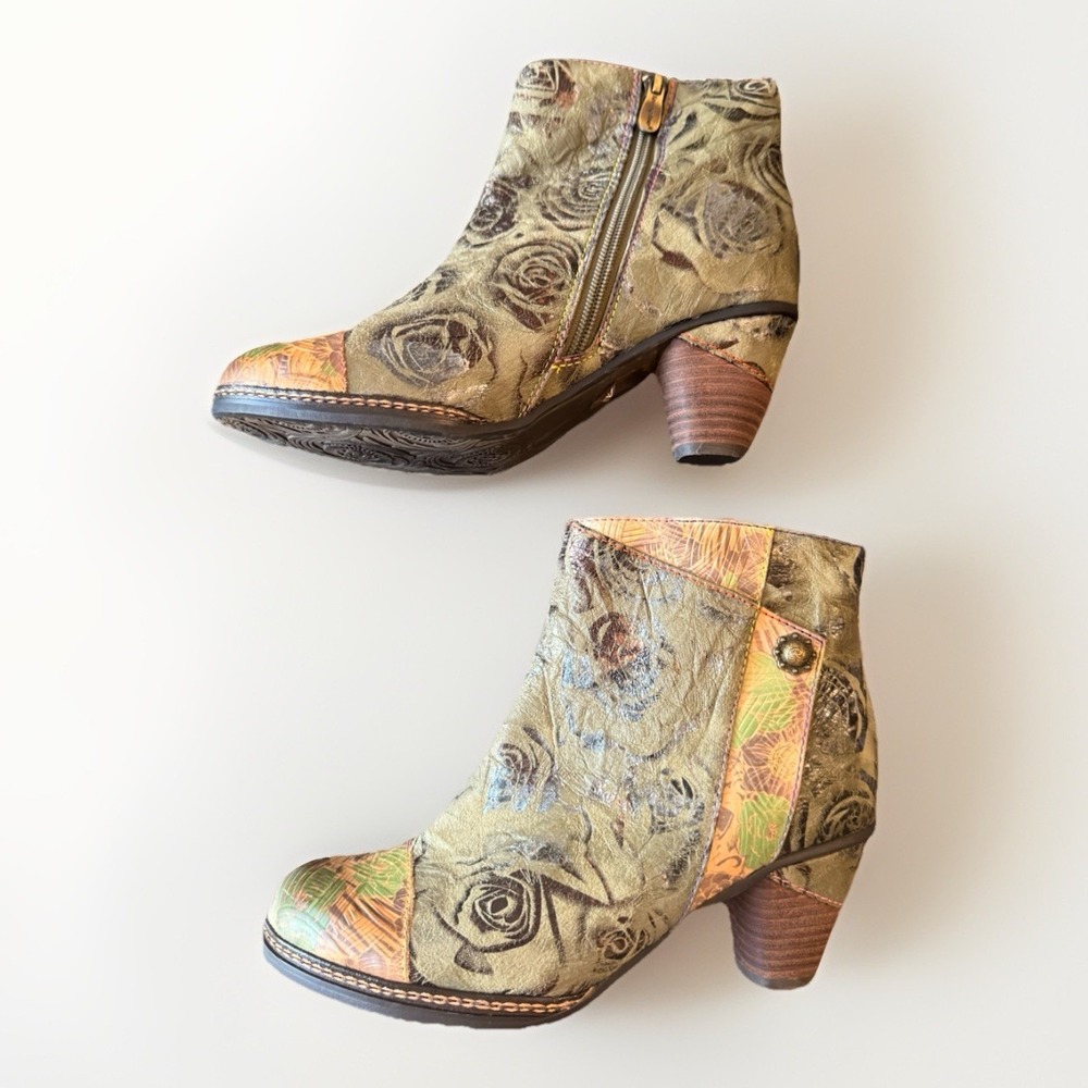 Spring Step L'Artiste Waterlily  Leather Boots Ankle Green Brown Floral S 7 - Picture 2 of 16